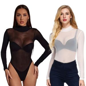 Bodycon de manga longa preta Top top plus size womens OnePieces malha veja através de bodysuits brancos lingerie tops sexy para mulheres 240423