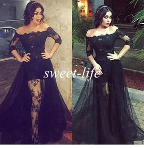 Black Lace Prom Dresses Off the Shoulder High Low See Through with Sleeves Tulle 2019 Sexy Evening Gowns Party Celebrity Dresses8264851