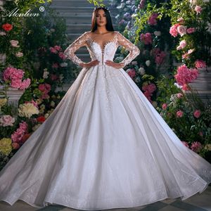 Stunning Lace Sheer V-Neck Ball Gown Wedding Dress Delicate Beading Pearls Lace Full Sleeves Bridal Gowns 2024