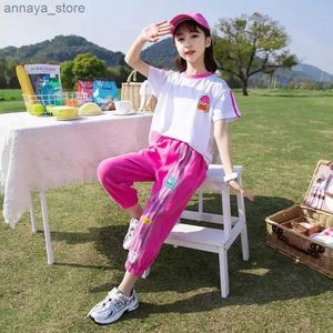 Set di abbigliamento Summer Girls Cotton Contrast Cartoon Tshirt Pants Sports Sports Sports School Childrens Track and Field Abbigliamento per bambini 2 pezzi di abbigliamento