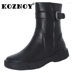Boots Koznoy 3.5cm Cow Genuine Leather Warm Big Size Booties Spring Winter Plush Women Autumn Platform Wedge Ankle Knee High ZIP Shoes