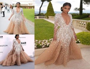 Zuhair Murad 2017 Deep V Neck Prom Dresses Champagne Color White Lace Appliques Illusion Long Sleeve Evening Gowns Formal Party Dr4165899