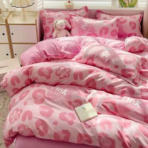 Koreanisch rosa Leoparden Trint Bettwäsche Set Flachbettblatt Kissenbezug Twin Full Queen -Size -Bett Leinen Mädchen Ins Bettdecke No Füllstoff 240508