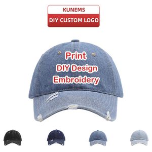 KUNEMS Custom Borderyer Print Brand Washed Cotton Baseball Cap para homens e mulheres Design Summer Denim Sun Hat Unisex 240426