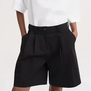 Calça feminina 2024 verão algodão preto shorts plissados casuais soltos cor simples de cor sólida
