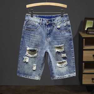 Men's Shorts Open top jeans mens denim shorts hip-hop slim fit straight blue hollow motorcycle and bicycle jeans Kn pants 2024 summer shorts boys Y240506
