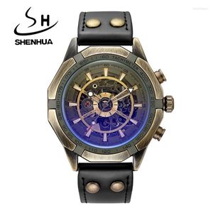 Bilek saatleri Shenhua Moda Mekanik Steampunk Tasarım Erkekler En İyi Vintage Bronz Otomatik İskelet