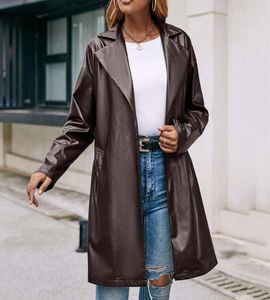 Women039s Jackets Lapel Collar Faux Leather Long Coat Bandage Brown Autumn And Winter Cardigan Outwear Coats9672484