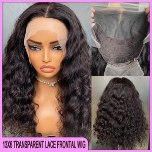 Malaysian Peruvian Brazilian Natural Black Deep Body Wave 13x6 Transparent Lace Frontal Wig 16 Inch 100% Virgin Remy Human Hair On Sale