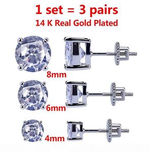 3 Pairs Set 48 mm 14K Gold Plated CZ Square Iced Out Stud Earrings With Safety Screw Back For men and Women8943584