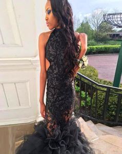 Sexy Black Backless Prom Dresses Halter Lace cupcake Evening Party Gowns Tiered Tulle Skirts Sweep Train miss black pageant dress8875903