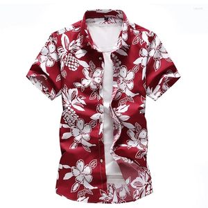 Camisas casuais masculinas Men Floral Impresso Slim Sleeve Summer Summer Vacation Party Red Blue Black Shirt Camisa Masculina