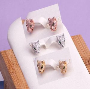 Fashion Lady Brass 18K Gold Full Diamond Green Eyes Leopard Head Engagement Wedding 925 Silver Needle Stud Earrings 3 Col4460814