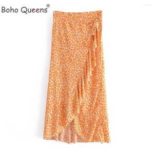 Skirts Boho Queens Women Yellow Floral Print Rayon Cotton Beach Bohemian Split Skirt Ruffles Maxi Asymmetrical Femme