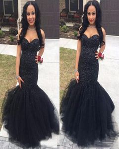 Luxury 2K17 Prom Dresses Sweetheart Mermaid Long Golvlängd Black Crystal Beaded Tulle Special Evening Dress Party Pageant Forma8923815