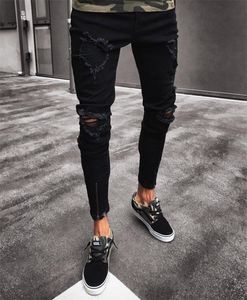 Męska fajna marka projektantów czarne dżinsy chude rozryte zniszczone rozciągnięte szczupłe spodnie chmielowe z otworami dla mężczyzn Dropship5649137