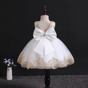 2024 Neue Mädchen Kleider elegante Perlen Perlen Satin Blumenmädchenkleid für Hochzeit Kinder Festzug Spitzen Abendkleid Geburtstagsfeier Gold Spitzen Prinzessin Partykleider