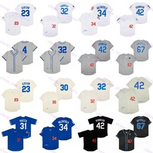 Camisas de beisebol baratas 4 Herman 23 Gibson 30 Wills31 Piazza 32 Koufax 34 Valenzuela 42 55 Hershiser 67 Scully vintage Retro Creme branco cinza azul claro preto preto costurado preto costurado