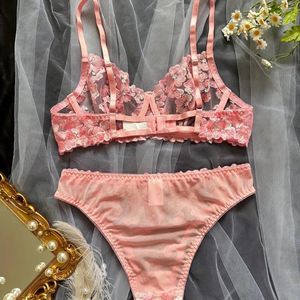 Bras Sets ECTOOKO Erotic Women's Lingerie Sexy Underwear Floral Embroidery Fancy Intimate Transparent Bra Super 2 Piece Set Outfit