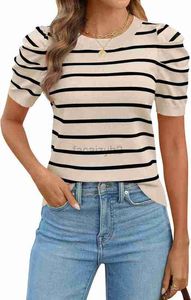 Kvinnors tröjor 2024 Spring/Summer Fashion Stripe Bubble Short Sleeved Top Round Neck tröja Formell Casual Lightweight T-shirt Fashion Knitwear