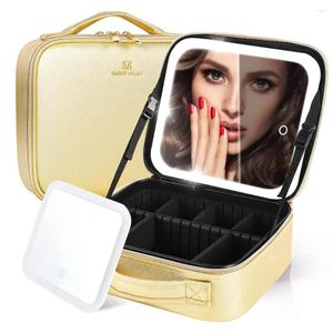 Borsa per il trucco delle scatole di stoccaggio con specchio a LED Casto di treno cosmetico staccabile Portable e Divisori regolabili alla luce