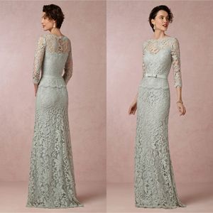 2016 Fashion Sage Mother of The Bride Dresses Sexy Sheer Jewel-Neck Elegant 3 4 Long Sleeve Sheath Mother Off Groom Dress Floor Length 328E