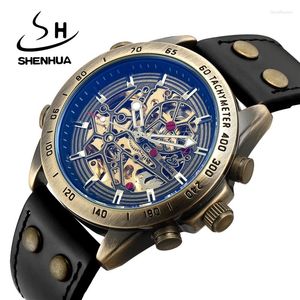 Armbanduhren Sehnhua Retro Antique Bronze Man's Automatic Mechanical Watch Luxus -Schnitzerei Skelett Steampunk wasserdichte Männer Armbanduhr