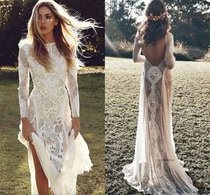 New Exquisite Lace Wedding Dress Boho Chic Long Sleeve Backless Bridal Gowns Summer robe de mariage 0509