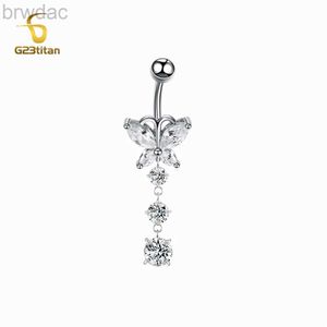 Navel Rings G23 Titanium Barbell Navel Piercing Ring Silver Color Crystal Butterfly Belly Button Piercing 14G Body Jewelry Women Accessories d240509