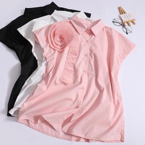 Blusas femininas camisas com mangas de flor Tops de verão coreano Moda coreana plissada camisa de lapela decorativa tridimensional