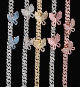 Blue Pink Cuban Link Butterfly Choker Necklace Chain Crystal Rhinestone Chokers Necklaces for Women Gold Collar Whole 2103303583445