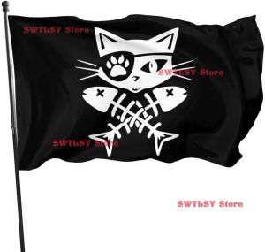 Flaggor Pirate Cat Skull och Crossbone Flag 35 fot Singel Traveling Vivid and Fade Funny Polyester Banner