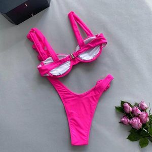 Kvinnors badkläder andningsbara bikini set blommig dekor veckad tråd vadderad bh hög midja fast färg strandkläder push up for women