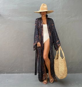 2023 Women Boho Stripe Tieb bar barwnik stroju kąpielowego w górę z paskiem tunika sarong sukienka beriganowa bikini pokrywki plażowe noszenie kimono 240426