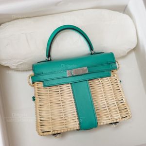 12A top Mirror quality luxury Classic Designer Bag woman 's handbag bag all handmade genuine leather Patchwork Bamboo and Rattan Bag 20cm peacock green colour clash