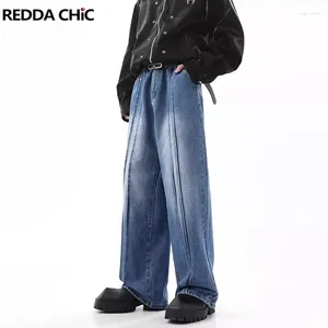 Jeans masculinos Reddachic Pintuck Gorda angustiada para homens Vintage Wash ClenFit Bleached Ponta de perna larga calça masculina Macho de rua coreana