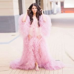 Extra Puffy Pink Prom Dresses Women Birthday Dress For Photo Shoot Long Sleeves See Through Tulle Robes Evening Gowns 0509