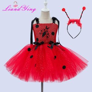 Flicka klänningar flickor tyll tutu klänning röd svart polka dot födelsedagsfest med pannband set barn cosplay dance po props