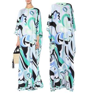 women039s Luxury blue print springsummer Jersey Silk maxi Dress Women039s 34 sleeve Charming Geometric Print Spandex Stret1573624