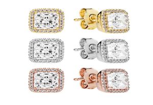 Clear Square Sparkle Halo Saplama Küpe 925 STERLING Gümüş 18K Gül Altın Kadınlar Erkek Hediye Küpe için Orijinal Kutu Set1213353