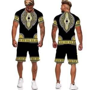 Men's Tracksuits New Summer Male Suit Mens T-shirts Sets New 3D Printed African Dashiki Mens Tracksuit Vintage Oversized 2 Piece Sets T240507