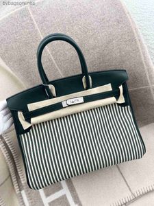 Original 1:1 Hremms Handmade Bags Designer Luxury Brand Bags for Women Bag Bk35 British Green Leather Patchwork Green White Striped Canvas Engraved Vintage Bag Bag