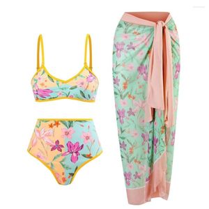 Retro Bikini Flower Printed Fashion Set And Cover Up With Skirt Tight Women's Bandage Summer Beach Luxury Elegant