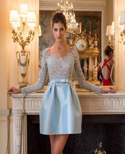ALINE FIT FLARE LONG LACE SLEEVES SHORT MINI SATIN SCOOP Appliques Cocktail Party Homecoming Dress med SASH8170395