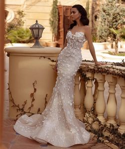 Sparkly Beaded Floral Mermaid Wedding Dresses Illusion Sweetheart Neck Back Buttons Corset Glitter Long Bridal Reception Gowns Engagement Dress