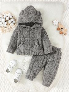 Kläder sätter grå fuzzy designkänsla baby pojke kostym huva långärmad fickor topp elastisk midjebyxor för pojkar enkel fast färg hoodie