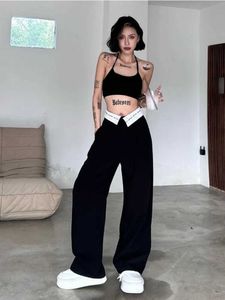 Pantaloni da donna Capris Houzhou Y2K pantaloni vintage a larga larga donna Donne cyber punk patchwork high wely pantaloni larghi harajuku pantaloni cargo hippie kpop y240509