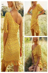 Frauen wickeln A-Line-Kleid Rüschen Sommer Boho Mini Print Kurzarm Abend Party Kleid Damen Holiday Beach Sundress8420688