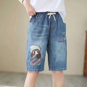Women's Shorts Summer Retro Style Jeans Ladies Swt Embroidery Self Tie Mid Length Trousers Artistic Casual Ripped Straight On Pants For Women Y240504