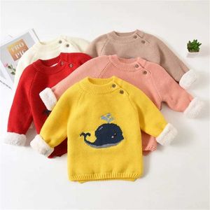 Uppsättningar varma barntröja Baby Boys and Girls Winter Clothing Cartoon Whale Design dragkedja Toddler O-Neck Velvet Q240508